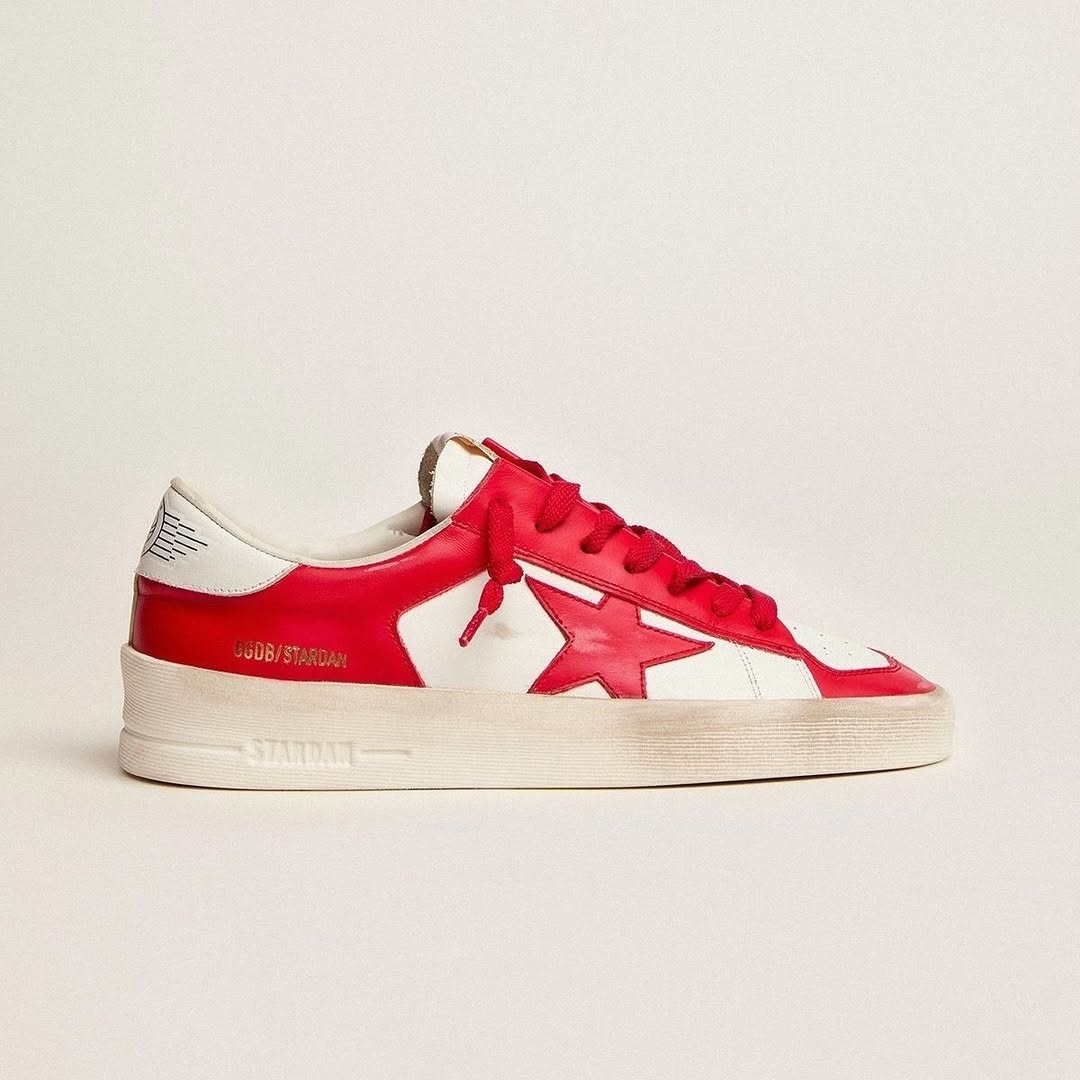 Golden Goose Stardan in white leather with red heel tab and vintage finish