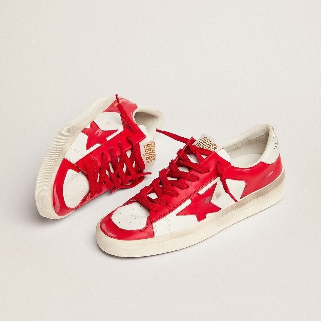 Golden Goose Stardan in white leather with red heel tab and vintage finish